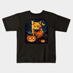 Starry Night Halloween Cat Kids T-Shirt